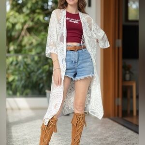 Rachel Zoe Textured White Lace Kimono Midi Shirt Top Cotton Nylon Western OS